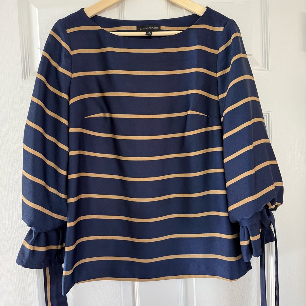 Banana Republic Navy and Golden Tan Striped Bow Sleeve Blouse Size Small